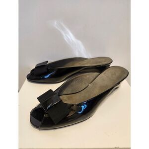 Stuart Weitzman "Candy" Black Patent Leather Peep Toe Wedge Mules Sz. 9 Ret.$365